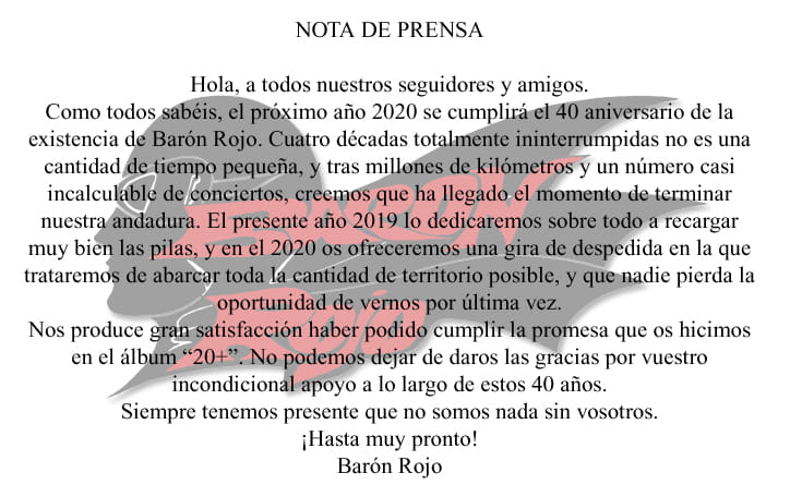 Barón Rojo: Anuncian su gira de despedida